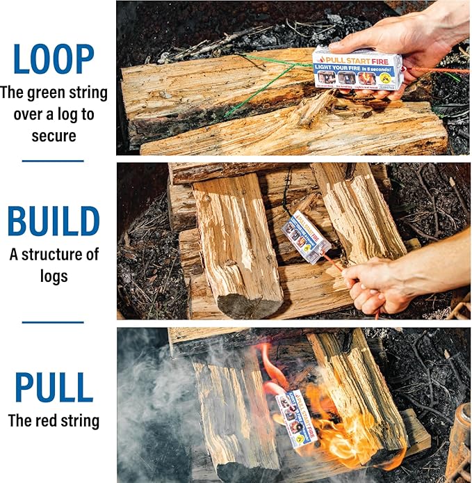 Pull Start Fire Pull String Firestarter | No Matches Required, Fire Starts in Seconds | for Campfires, Grill, Fireplace, BBQ | Lights Wet Wood, Easy to Use, Food Safe and Weather Resistant