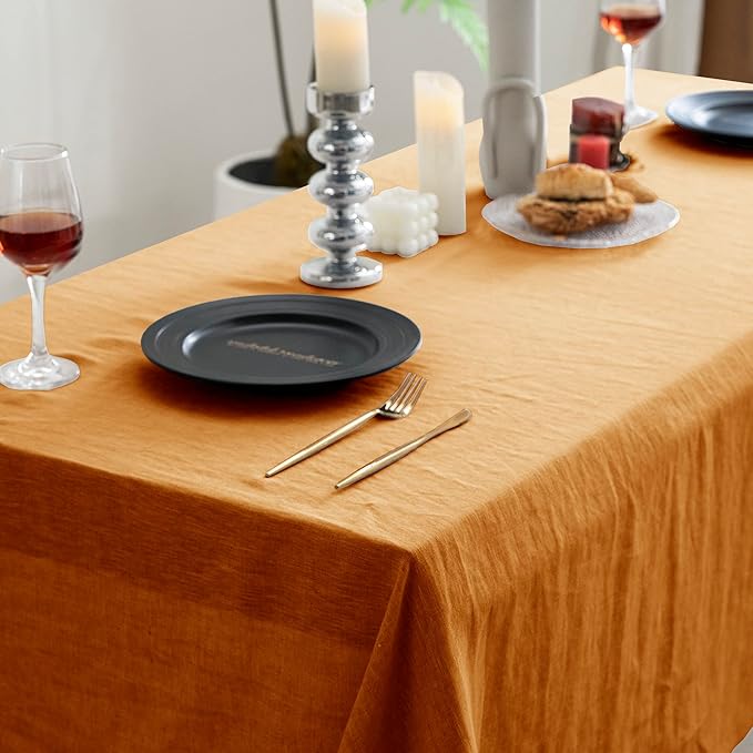 EVERLY 100% Pure Linen Rectangle Tablecloths 60x120Inches for Dining,Buffet Parties,Picnic,Events,Weddings and Restaurants,Decorative Halloween,Thanksgiving Machine Washable Tablecloths-Caramel