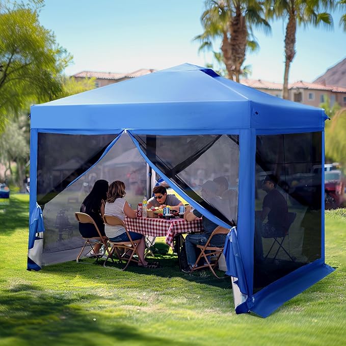 PHI VILLA 10 x 10 Pop Up Canopy Tent with Netting, Instant Gazebo, Ez up Screen House Room with Carry Bag, Height Adjustable, for Outdoor, Garden, Patio,Blue
