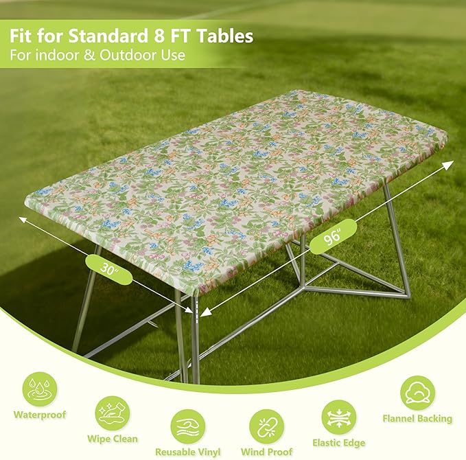Rectangle Picnic Table Cloth, Elastic Waterproof Fitted Vinyl Tablecloths for 8 Foot Tables, Wipeable Flannel Backed Table Covers for Dining, Camping, Outdoor(Mulberry,30"x96")