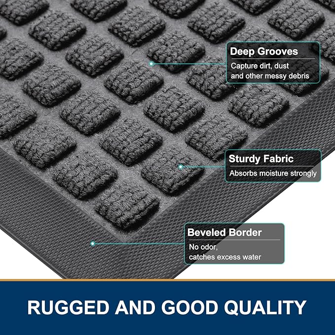 Smiry Front Door Mat Outside Entrance, Heavy Duty Natural Rubber Doormat, Non Slip, Trap Dirt and Moisture, Easy Clean, Low Profile Welcome Floor Mats for Indoor Outdoor Entry, 29.5x17 Inch, Grey