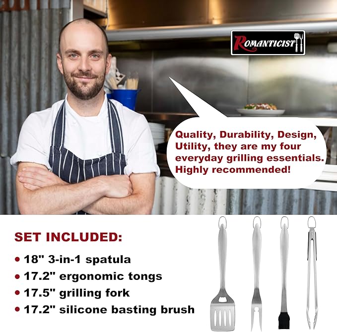 ROMANTICIST 4pcs Heavy Duty Grill Accessories for Top Chef - Professional Grill Tool Set & Basic BBQ Tools for Backyard Restaurant Outdoor Kitchen - Deluxe Grill Gift for Dad on Father’s Day Christmas