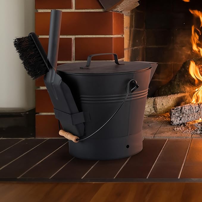 Pure Garden Ash Bucket - Metal Bucket with Lid (2.11-Gallon), Broom, and Shovel for Fireplace or Firepit Ashes - Fireplace Tools (Black) - 1 Count