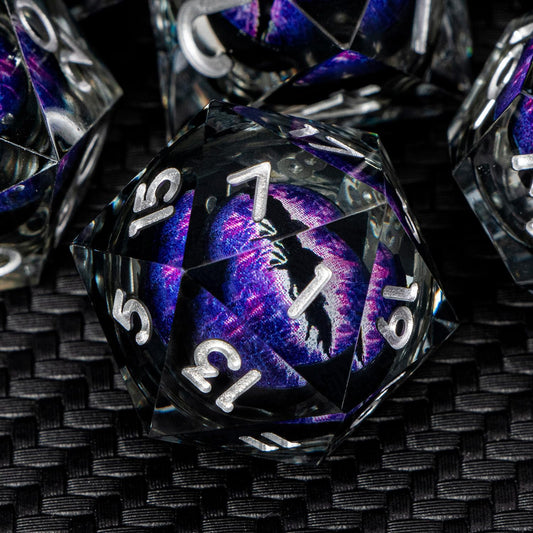 ARUOHHA DND Resin Dice Dragon Eye Dice Liquid Core Purple Sharp Edged Dice Set with Gift Box, Dungeons Polyhedral D and D Dice Set Compatible with D&D Role Playing Game D20 D12 D10 D8 D6