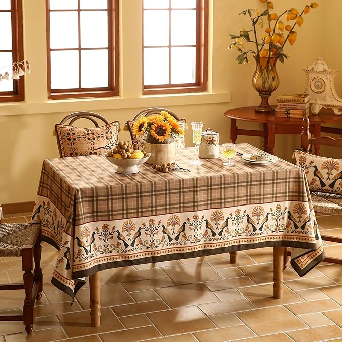 Vintage Brown Checkered Long Rectangle Tablecloth,Italian Floral Linen Wrinkle Free Table Cloth,Decor Table Cover for Kitchen,Dining,Thanksgiving,Christmas,Party,63"*94"-Seville