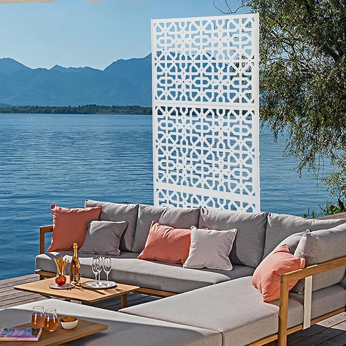 75" H×35" W Decorative Outdoor Privacy Screen with Stand, Outdoor Decor Privacy Fence Screen Metal Fence Panels, Free Standing Metal Divider for Patio Lawn Deck (White-Knot)