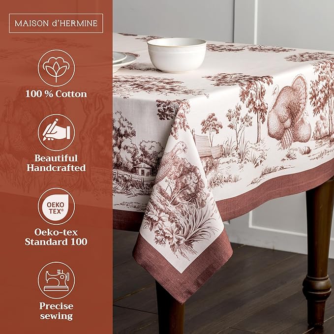 Maison d' Hermine Table Cloth Rectangle Table 100% Cotton 70 x 90 Inches Fall Tablecloth Reusable Everyday Use for Thanksgiving Christmas Decorations Dining Farmhouse Party (Holy Jouy - Brown)