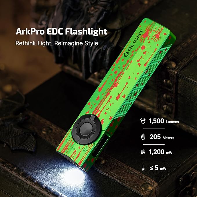 OLIGHT ArkPro EDC Flat Flashlight Rechargeable with Green Beam, UV and White LED,1500 Lumens USB-C Pocket Camping Flashlight, Spotlight Floodlight for Outdoor Emergency Working(Zombie Green CW)