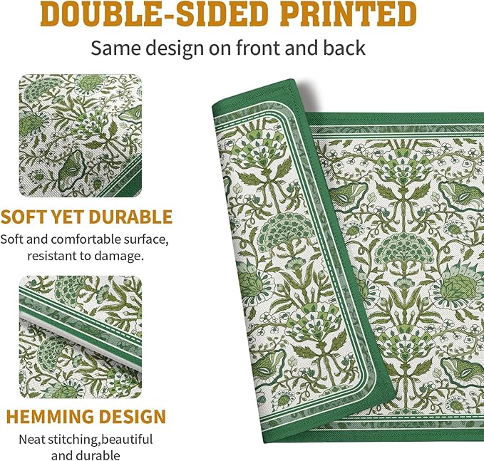 Green Floral Boho Placemats Set of 4, 12x18 Inch Vintage Chinoiserie Block Print Place Mats Seasonal Spring Summer Rustic Farmhouse Table Mats for Party Kitchen Dining Outdoor Indoor Decor