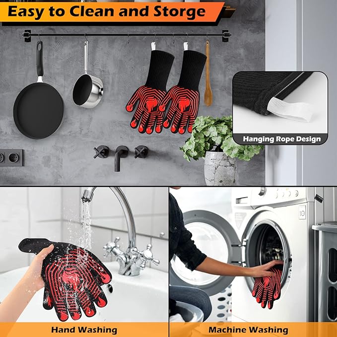 BBQ Gloves, 1472°F Heat Resistant Gloves Fireproof Mitts, Grilling Gloves Silicone Non-Slip Washable Oven Glove, Kitchen Glove for Barbecue, Grilling, Cooking, Baking, Camping, Smoker (Red)