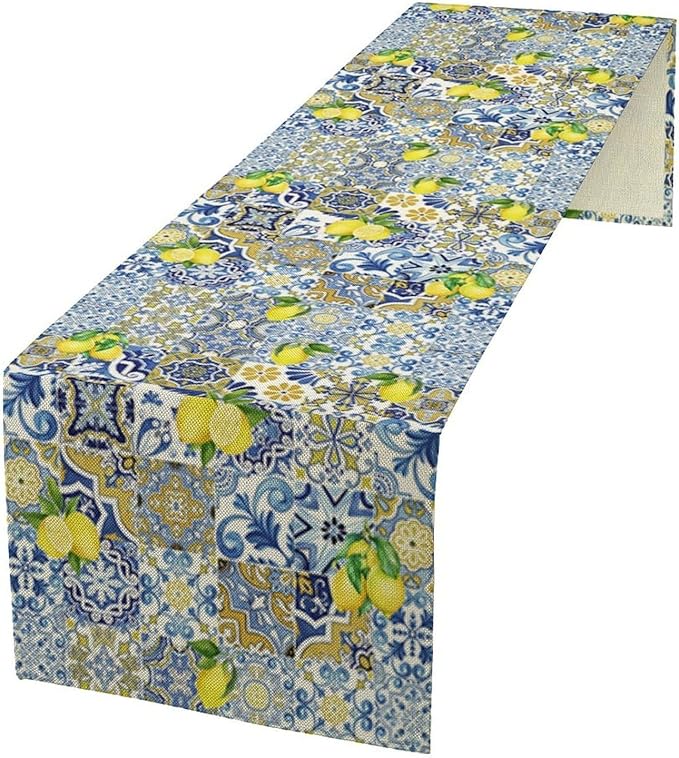 Farmhouse Rustic Lemon Table Runner,Vintage Morocco Blue Tiles Mediterranean Summer Fruit Print Table Runner for Kitchen Dining Table Home Party Decor 13x60in