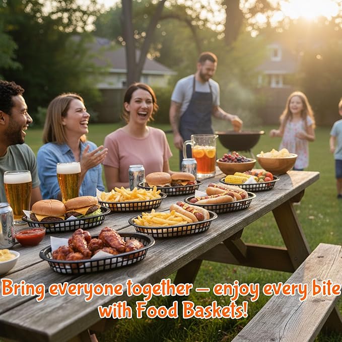 Fast Food Baskets 16-Pack, 10 x 6 Inch Plastic Oval Serving Baskets for Burgers, Bread, Fries & Sandwiches, Restaurant Diner Cafeteria Food Truck Party Use, Reusable&Stackable(Black)