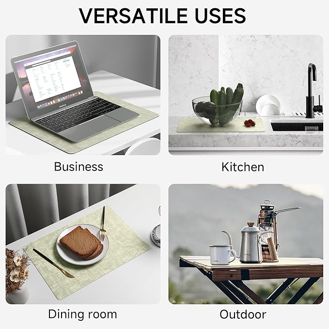 Faux Leather Vinyl Placemats Set of 6 Wipeable Heat Resistant Place Mats 100% Washable - Waterproof - Anti Slip Reversible Table Mats for Kitchen/Dining/Party, 12" x 16.5", Grass Green & Black
