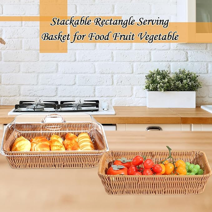 2 Set Wicker Bread Basket for Serving with Acrylic Lid Imitation Rattan Bread Basket Woven Rectangular with Cover for Fruit Food Display Party Easter Picnic(13.78" X 9.84")