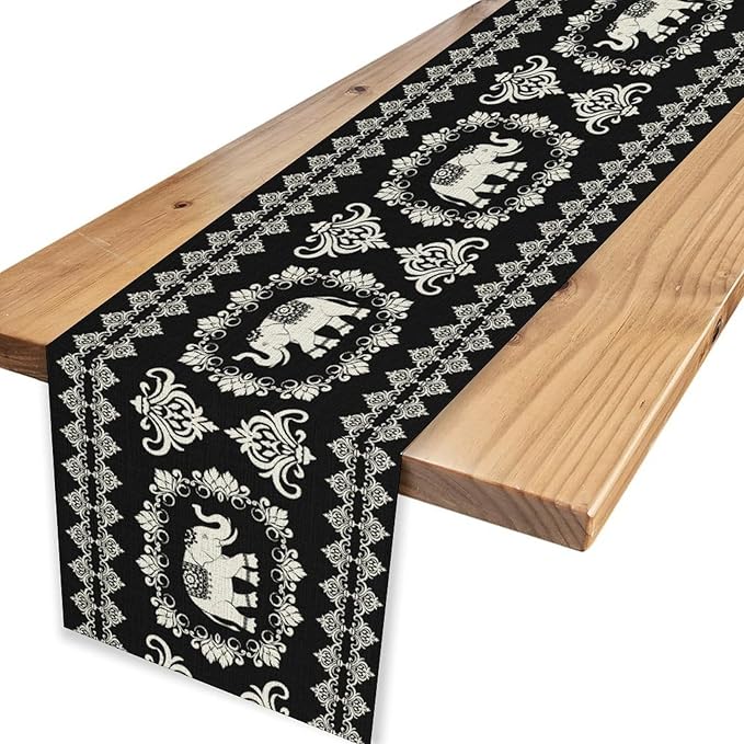 Boho Elephant Table Runner, Rustic Black African Tribe Animal Damask Diwali India Mandala Art Print Coffee Table Center Decor for Home Kitchen Holiday Party Outdoor Table Decorations, 13"x36"