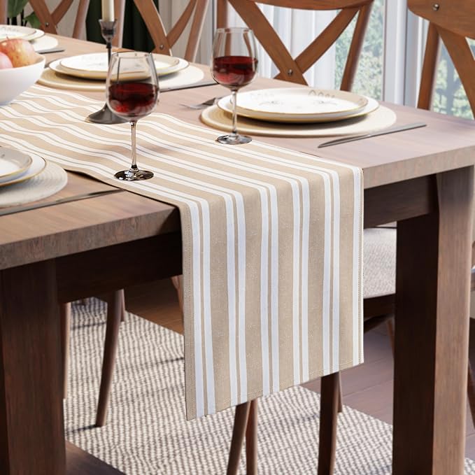Encasa XO Cotton Dining Table Runner | Franca Beige Stripes | Size 13x91 in - Machine Washable & Durable