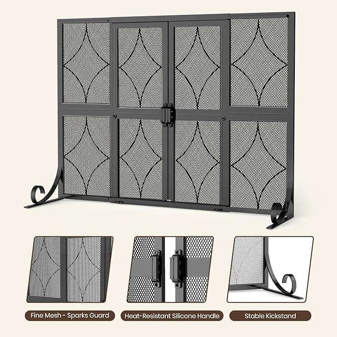 Fireplace Screen with Sliding Doors, 37.8" W x 30.7" H Modern Wrought Iron Spark Guard Cover for Christmas Decorative, Baby and Pet Proof, Large