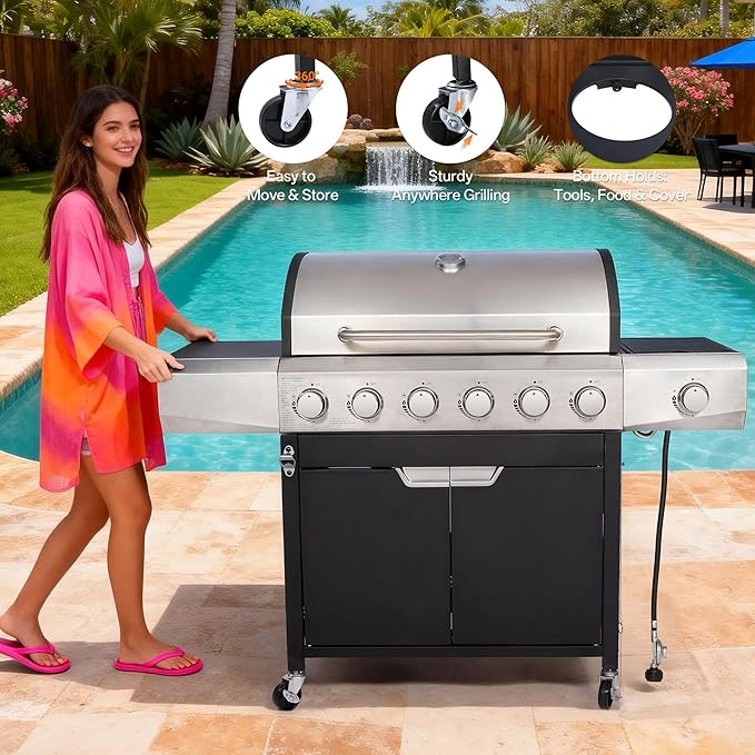 Endark Upgraded 68,500 BTU 6-Burner Propane Gas Grill with Side Burner | Stainless Steel Outdoor BBQ Grill with Porcelain Grates & Wheels for Patio, Garden, Backyard