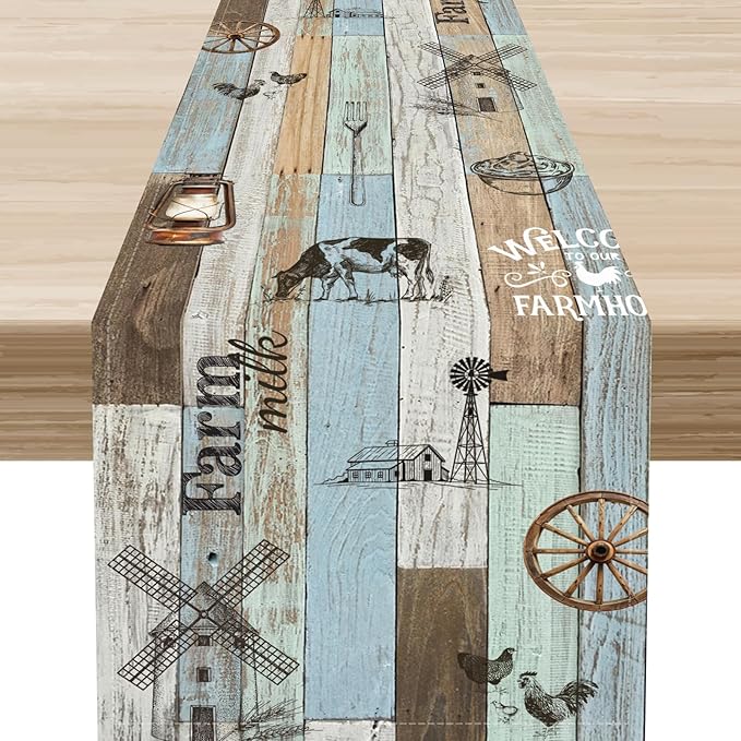 Farmhouse Cow Table Runner, Rustic Blue Wooden Animals Rooster Chicken Summer Spring Coffee Table Center Decor for Home Kitchen Dining Patio Holiday Party Country Outdoor Table Decorations, 13"x36"