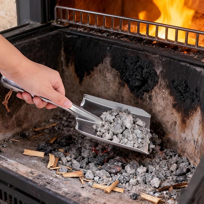 Metal Garden Ash Shovel, Silver, Stainless Steel, Compact Size, for Fireplace, BBQ, Charcoal Cleanup
