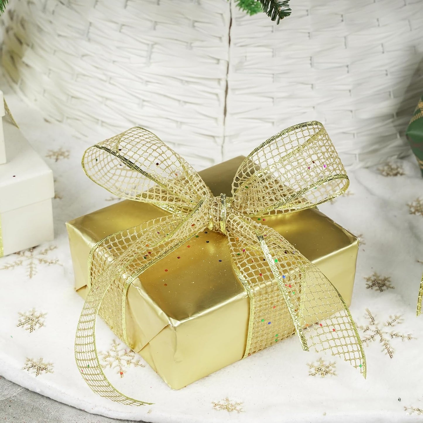 MEEDEE Gold Glitter Ribbon Gold Christmas Ribbon 2.5 Inch Square Mesh Net Wired Ribbon with Rainbow Sparkle Gold Wired Ribbon Gold Ribbon for Christmas Tree Decoration, Wreath Bow Making (10 Yards)