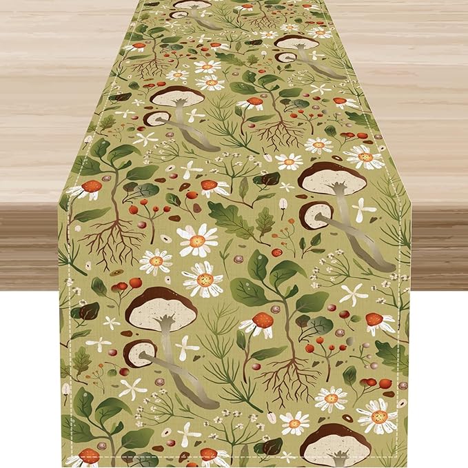 Mushroom Table Runner, Rustic Farmhouse Forest Plants Botanical Country Green Coffee Table Center Decor for Home Kitchen Dining Patio Holiday Party Indoor Table Decorations, 13"x36" Inch
