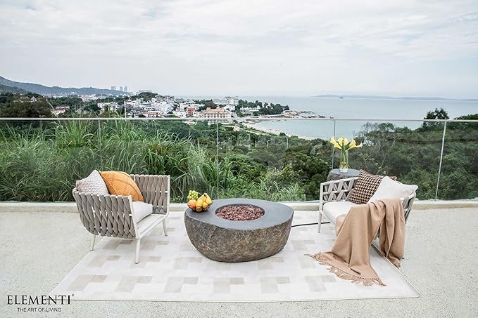 Elementi | Boulder Gas Fire Pit Cast Concrete Semi-Round Fire Table, Outdoor Fire Pit Electronic Ignition | Canvas Cover, Lava Rock Included | Propane Gas