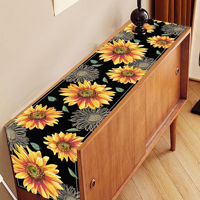 Black Yellow Floral Table Runner, Watercolor Sunflowers Vase Spring Sunshine Summer Farmhouse Rustic Table Center Decor for Home Kitchen Dining Patio Indoor Outdoor Table Decorations, 13"x108" Inch