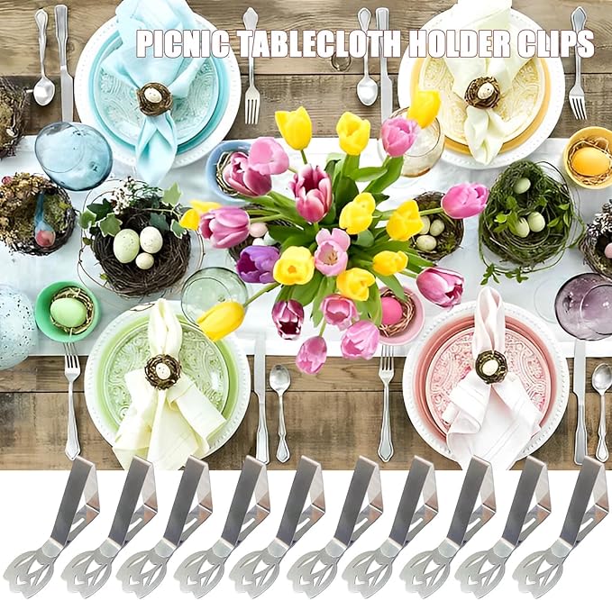 CUNGLIN Tablecloth Clips for Outdoor Tables, Tulip Shape Picnic Table Cloth Holder Clip Large Thick Stainless Steel Decorative Cover Clamp Pin for Indoor Party Wedding RV Accessories 10 Pack
