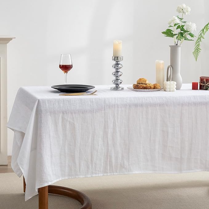 EVERLY 100% Pure Linen Rectangle Tablecloths 60x132Inches for Dining, Buffet Parties, Picnic,Events, Weddings and Restaurants, Decorative Halloween, Thanksgiving Machine Washable Tablecloths-White