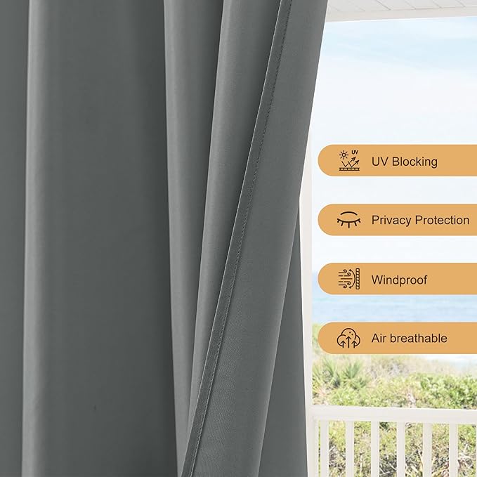 HolidayIdeas Outdoor Patio Curtains Waterproof with Rod Pocket 8 Pcs 54x95 Inch- Protect Privacy & Weatherproof Balcony Outdoor Curtains for Apartments,Porch, Gazebo, Sliding Glass Door, Grey