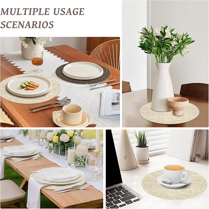 13" Round Placemats Set of 4, NCUE Dual-Sided Faux Leather Heat Resistant Table Mats, Waterproof Oilproof Washable Protective Table Placemats with Coaster, Wipeable Vinyl for Indoor & Outdoor Use