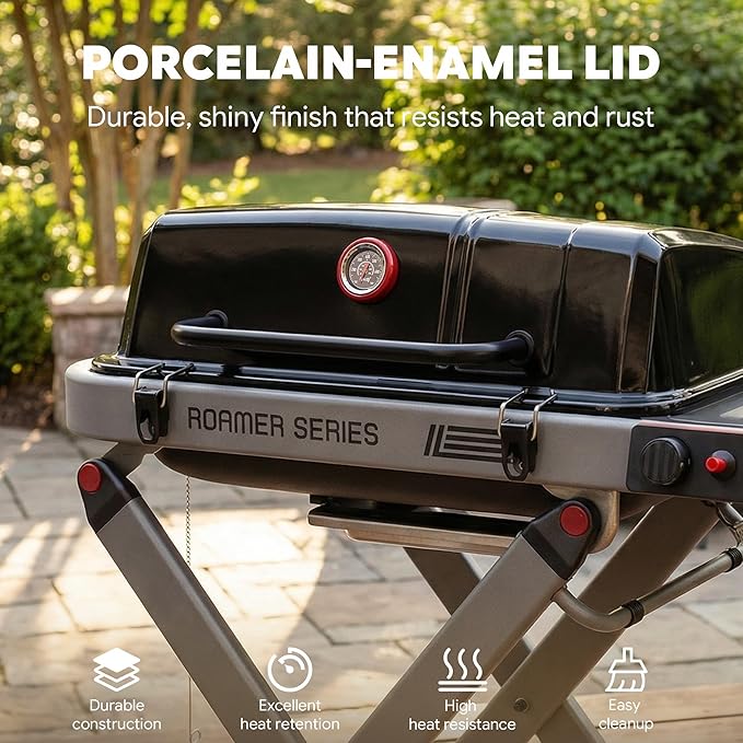 Portable Propane Gas Grill with Folding Cart & 13000 BTUs Burner, 360 Sq. In. Cast Iron Cooking Grates, Side Table, 8" Wheels, Stainless Grease Tray for Outdoor BBQ, Camping & Tailgating, Black