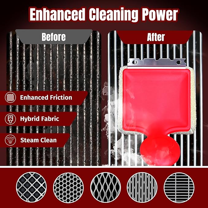 SHINESTAR Steam Grill Brush Bristle Free - Replaceable Cleaning Head with Unique Seamless-Fit Scraper, Durable Safe BBQ Cleaner for Cast Iron, Stainless-Steel & Various Grill Grate Types-Red