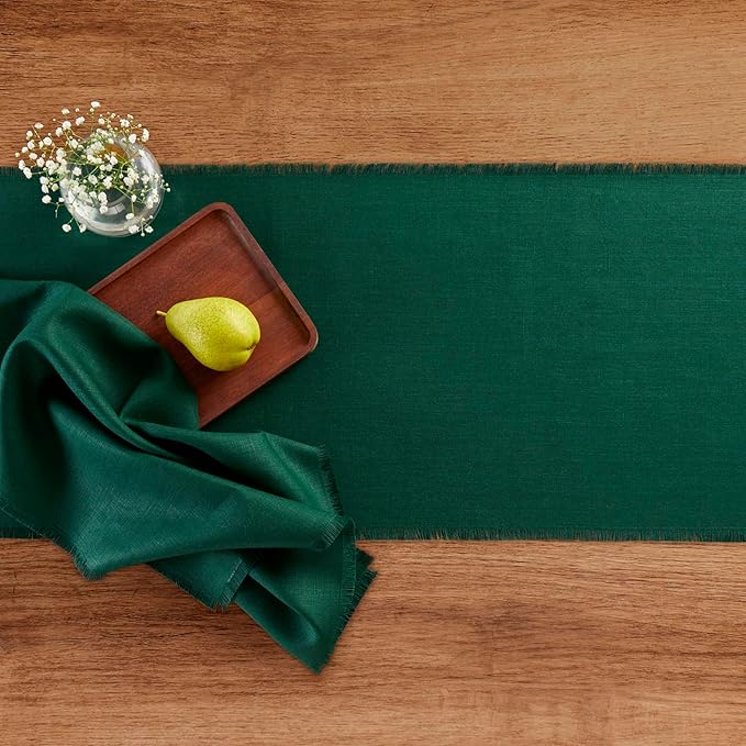 Solino Home Fringe Linen Table Runner 120 Inches Long - 100% Pure Linen Evergreen Dining Table Runner 14 x 120 Inch for Winter, St Patricks Day - Handcrafted and Machine Washable