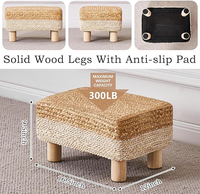 Wimarsbon Natural Seagrass Footstool Ottoman Rectangular Footrest Pouf Ottomans with Wooden Legs Hand Weave Step Stool for Living Room Bedroom Entryway White