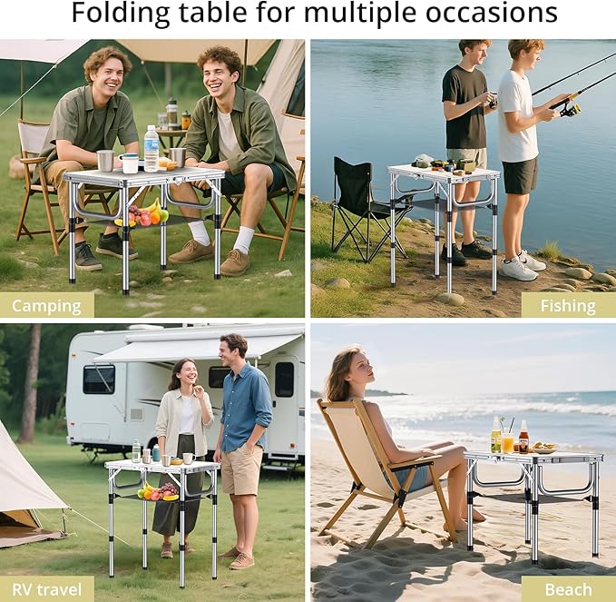 Anbte Folding Camping Table, Aluminum 24" x 16" Adjustable Height Small Folding Table with Carrying Handle, Lightweight, Portable Camping Table Waterproof for Outdoor Indoor Picnic Beach BBQ, Silver