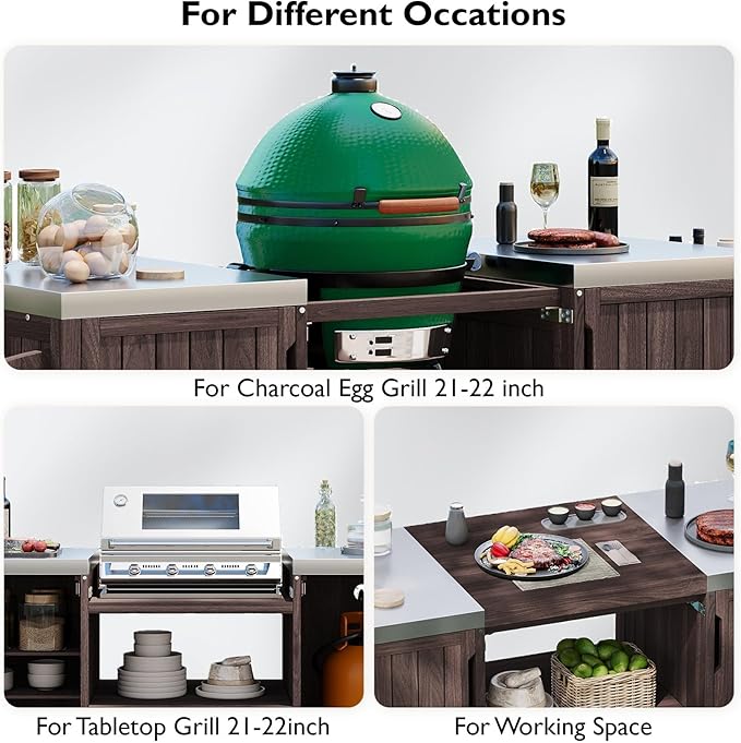 66.5" Outdoor Kitchen Island with Stainless Steel Top for Big Green Egg, Rolling Grill Cart with Adjustable Shelves, Lockable Wheels, Outdoor Table and Bar Storage Cabinet for Patio