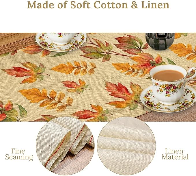Fall Table Runner, Autumn Orange Yellow Maple Leaves Rustic Thanksgiving Farmhouse Table Cover for Kitchen Dinning Table Indoor Outdoor Party Decor, 13x108inch