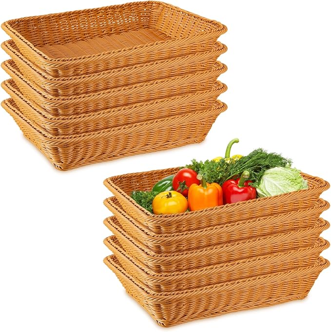 Tioncy 10 Pcs Poly Wicker Woven Bread Basket Imitation Rattan Fruit Basket Tray Stackable Rectangular Food Baskets for Serving Display Storage Kitchen Restaurant Home Vegetable (11.81 x 7.87 x 2.76")
