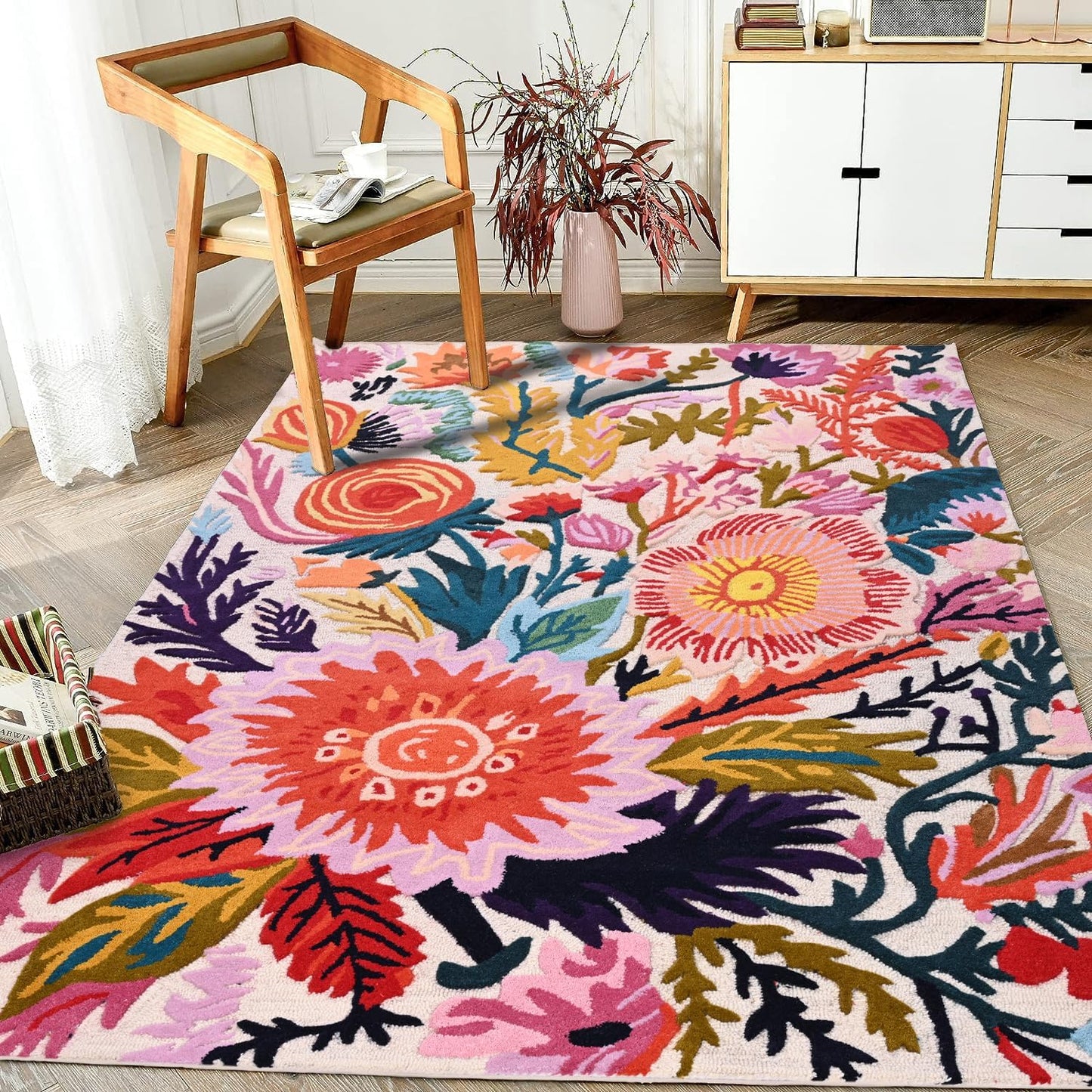Handmade Wool Floral Area Rug for Living Room | Elegant Flower Garden Design, Soft, Thick and Durable | Bedroom, Dining Room & Home Decor Carpet (10' x 14', Floral E)