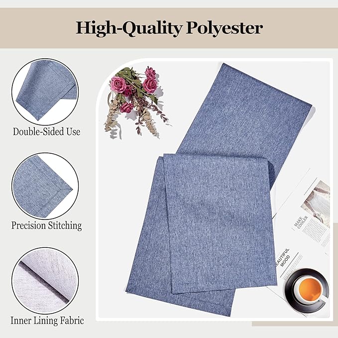 Mebakuk Linen Farmhouse Table Runner Large Burlap Style Soft and Waterproof Decorative Fabric Runner for Outdoor Wedding and Dinner (14 x 144 Inch, Denim Blue)