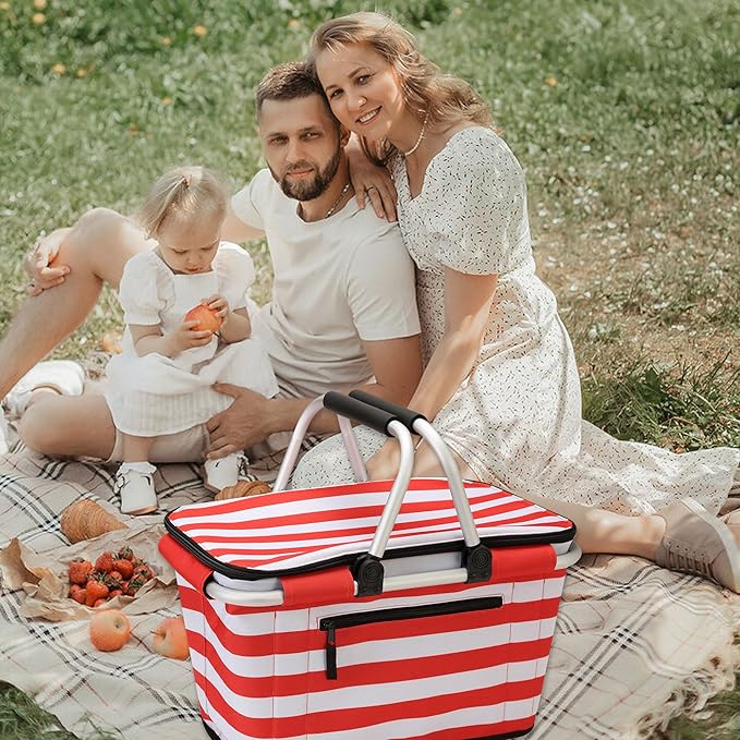 SIYUAN Picnic Basket with Handles 30L Leakproof Insulated Cooler Stripped Grocery Shopping Market Tote for Family Red White