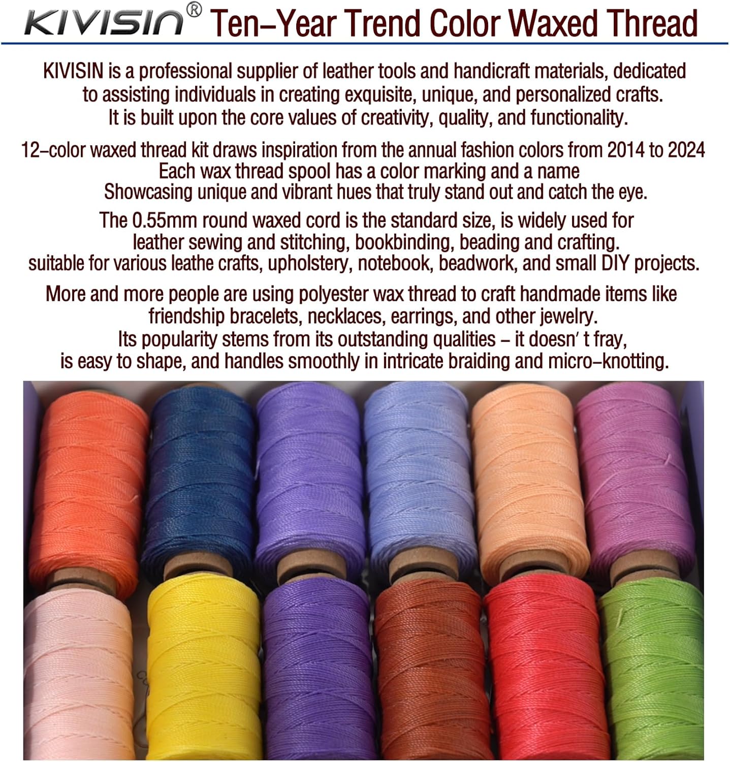 10-Year Popular Assorted Colors Round Waxed Thread -0.55mm 70 Yards 12 Spools Stiff Polyester Wax Cord for Beading, Leather Sewing, Bookbinding, Bracelets Braiding, Micro Macrame Craft Making