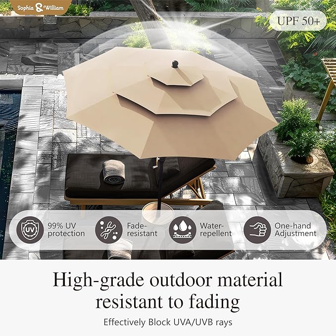 Sophia & William Metal Outdoor Patio Dining Set 6 PCS with 10ft 3 Tier Auto-tilt Umbrella(Beige), 4 x Metal Outdoor Chairs, 1 x Square 37"x 37" Dining Table and 1 Patio Umbrella