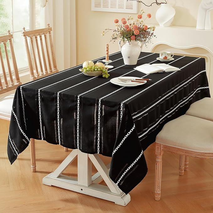 Chassic 60 x 104 inches Farmhouse Style Linen tablecloths, Wrinkle Resistant Washable Dining Room Table Cloths for 6 Foot Rectangle Tables - Hemstitch Black