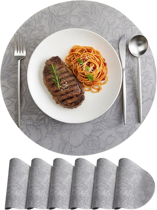 13'' Round Placemats Set of 6, PU Leather Table Mats, Non Slip Heat Resistant Waterproof Oilproof Washable Protective Wipeable for Dining Table, Kitchen, Party Decoration Indoor Outdoor, Gray