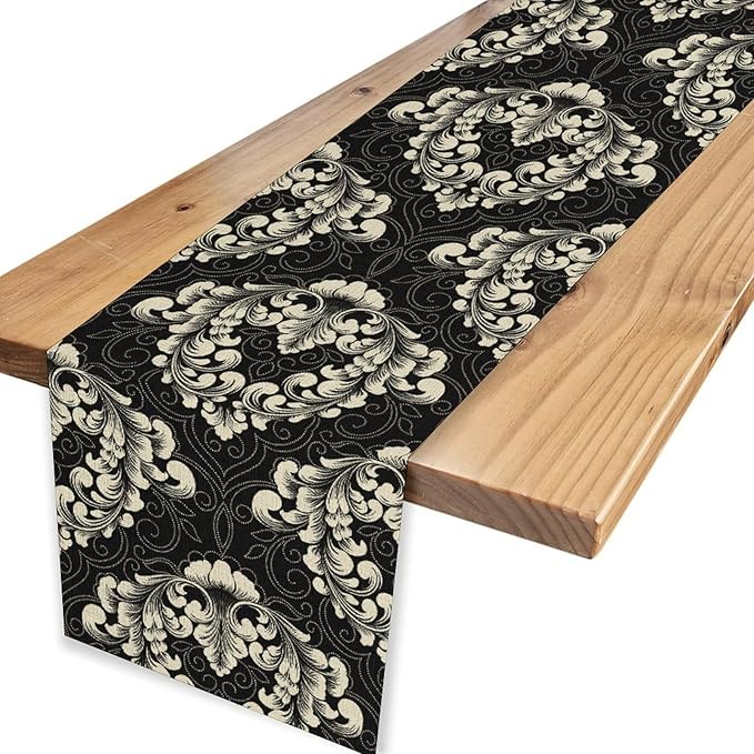 Gothic Table Runner, Retro Black Damask Baroque Style Floral Bohemian Exotic Coffee Vintage Table Center Decor for Kitchen and Dining Outdoor Home Country Party Table Decorations, 13"x108"