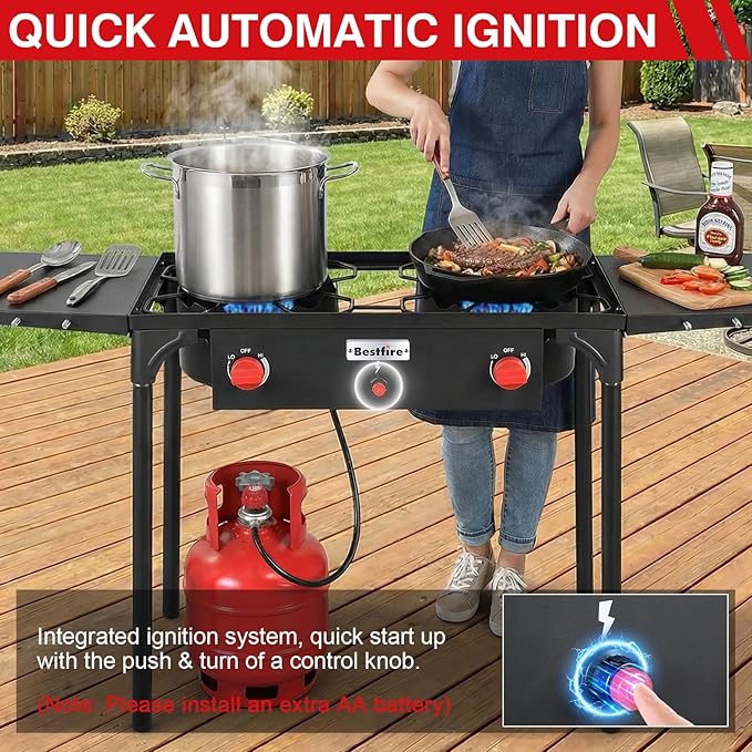 Bestfire 2 burner Camping Stove with Auto Ignition Button,Side Shelves & Regulator150,000 BTU Gas Stove Propane Burner With Removable Legs for Outdoor BBQ&Backyard Cooking Camping Home
