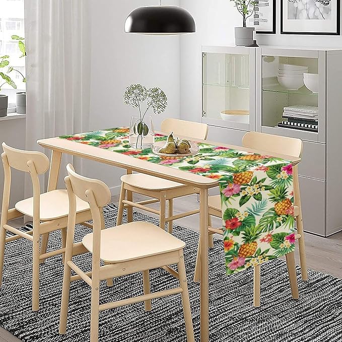 Summer Pineapple Table Runner, Tropical Palm Leaves Flowers Fruit Table Runner for Kitchen Dining Party Holiday Home 13x108in